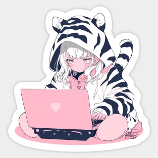 A cute girl in pajamas is working on a laptop Sticker